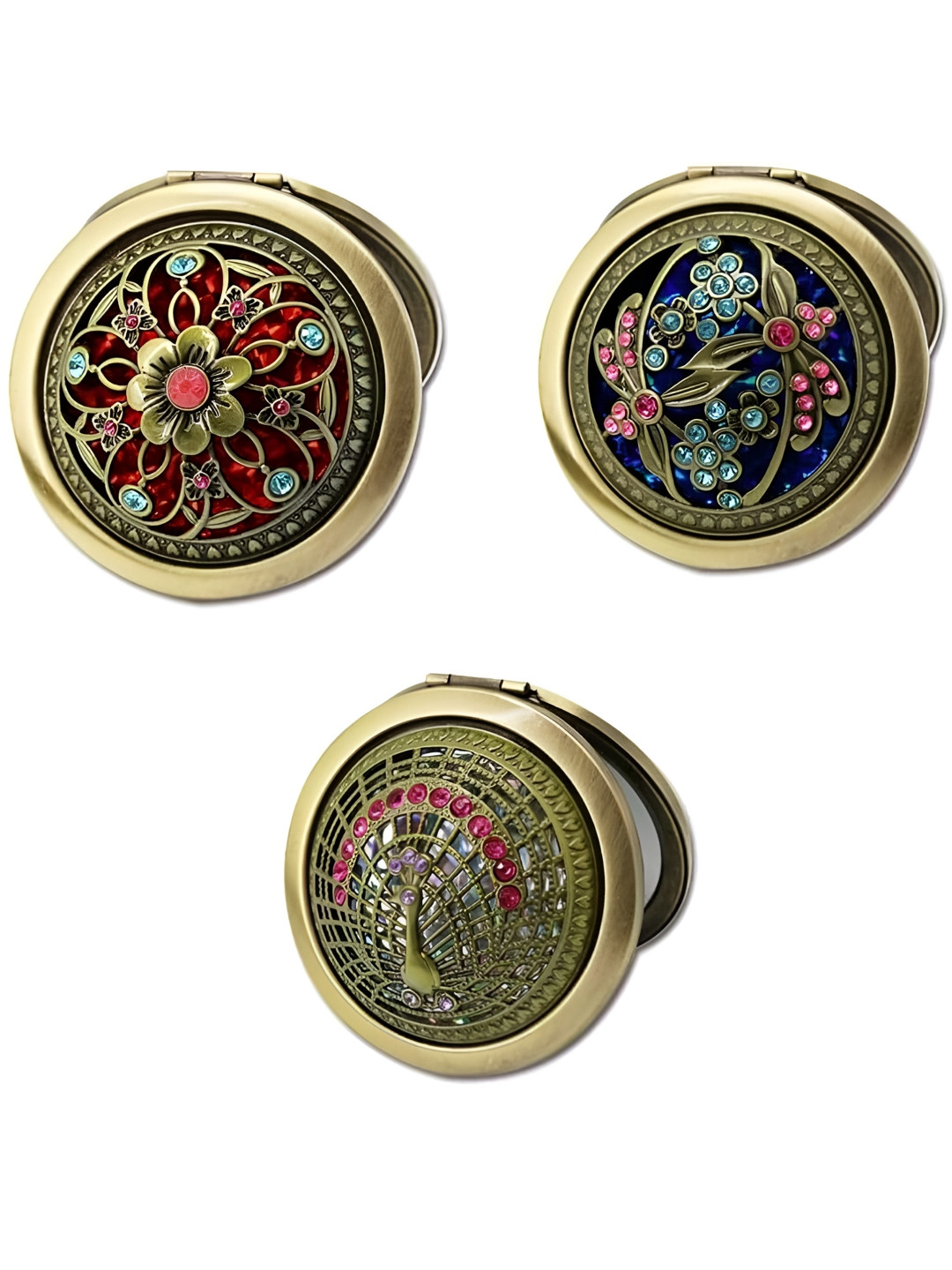 Baskety Gold-Toned & Blue 3 Pieces Textured Round Compact Hand Mirrors