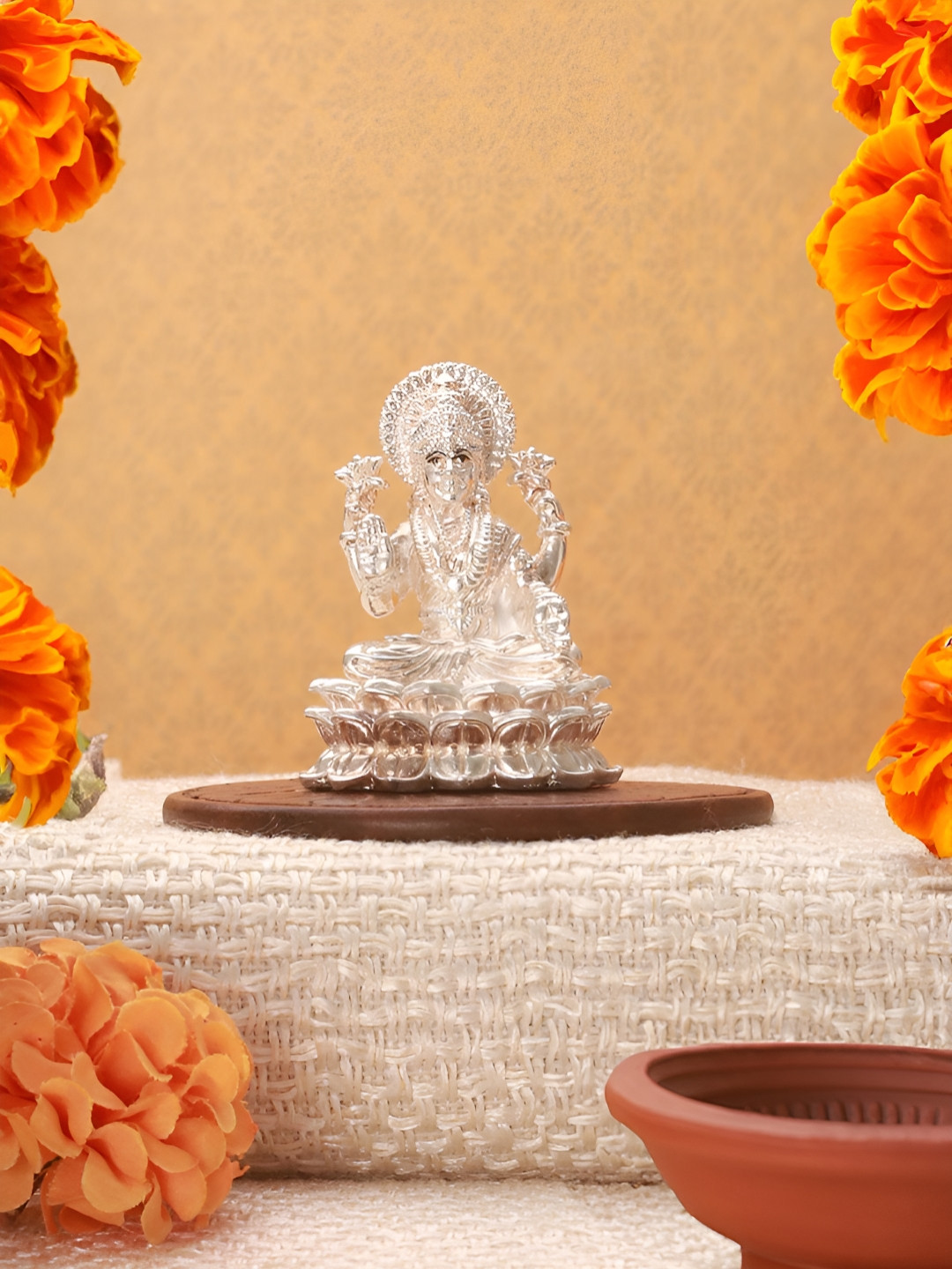 Saraf RS Jewellery Goddess Lakshmi Mata on Lotus Silver Metallic Prayer Room Small Showpiece - 2.4 Inches