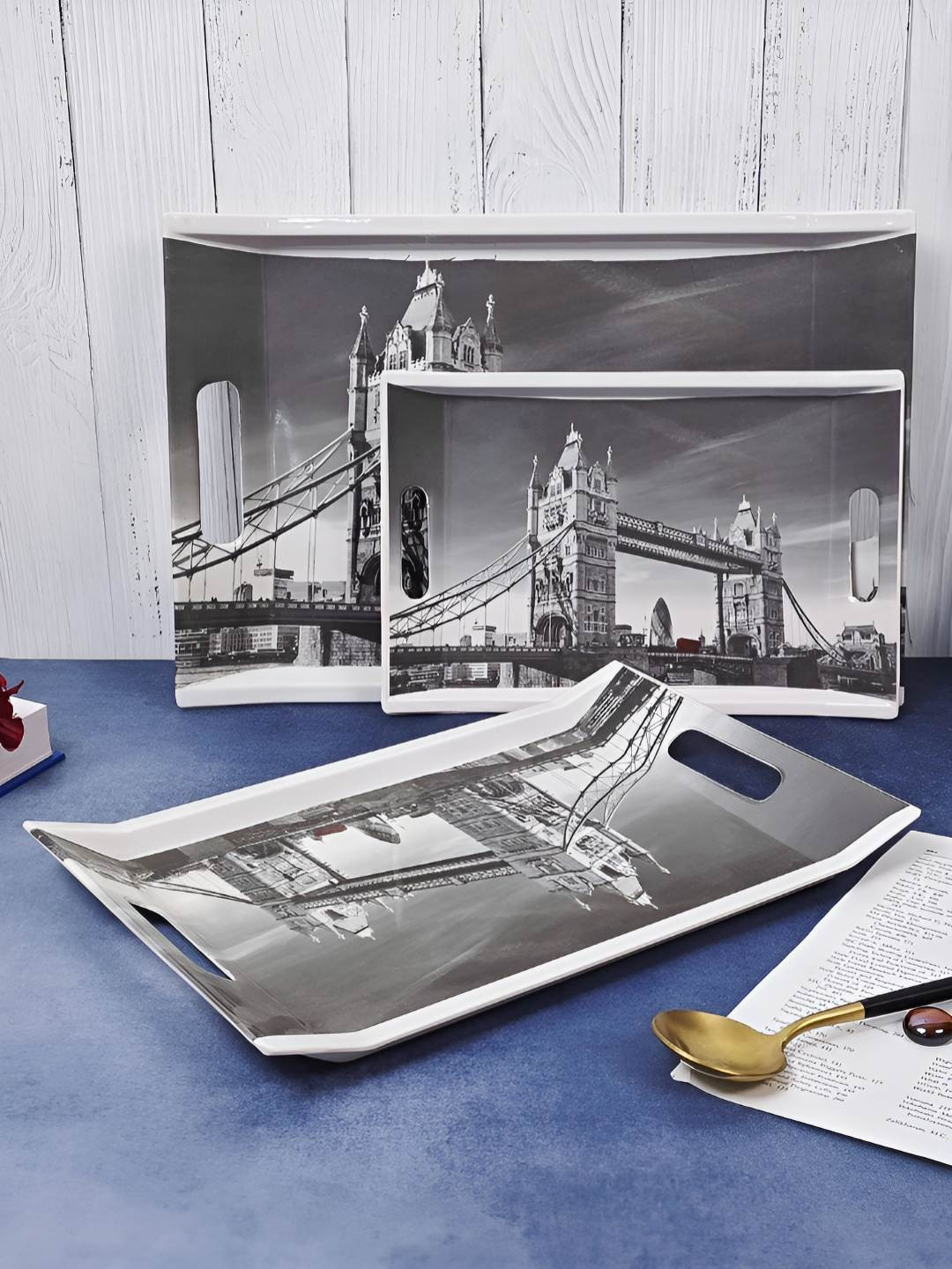 UPC Grey And White 3 Pieces Printed Melamine Dishwasher Safe Serving Tray