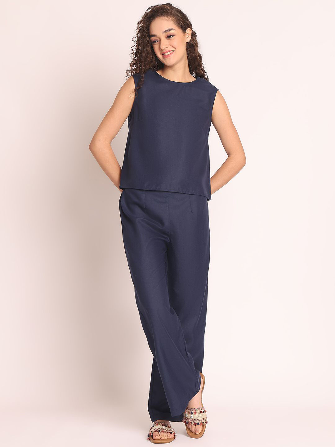 Aoba Navy Blue Solid Linen Co-ord Set - Top & Trousers