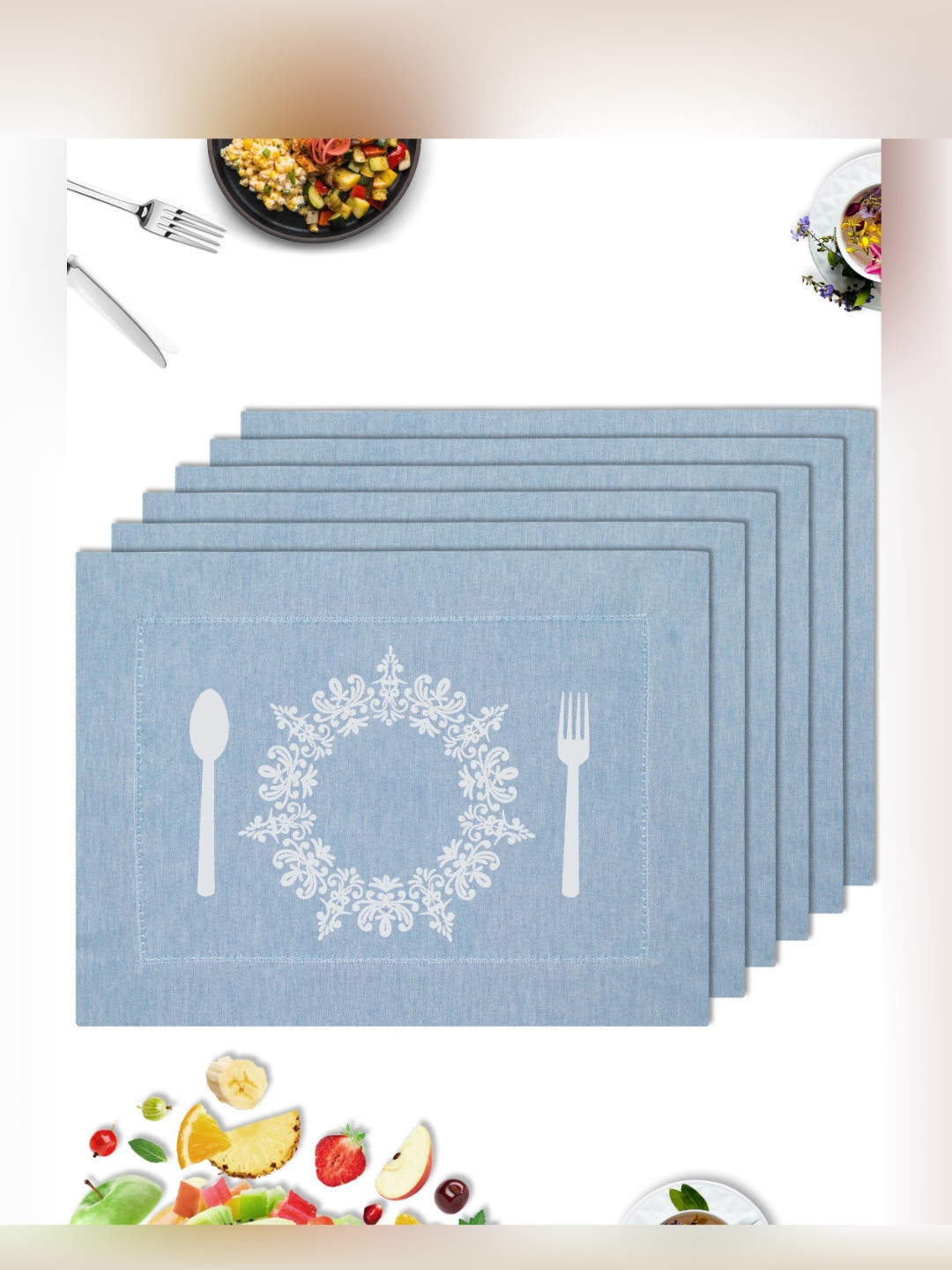 HOME COLORS.IN Blue &  White 6 Pieces Ethnic Motifs Printed Cotton Table Placemats