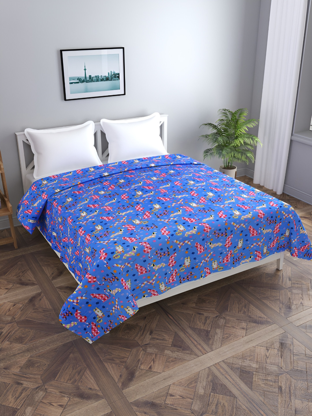 BREVARD Blue & Yellow Printed Flannel 190 GSM Double Bed Duvet Cover With Zipper