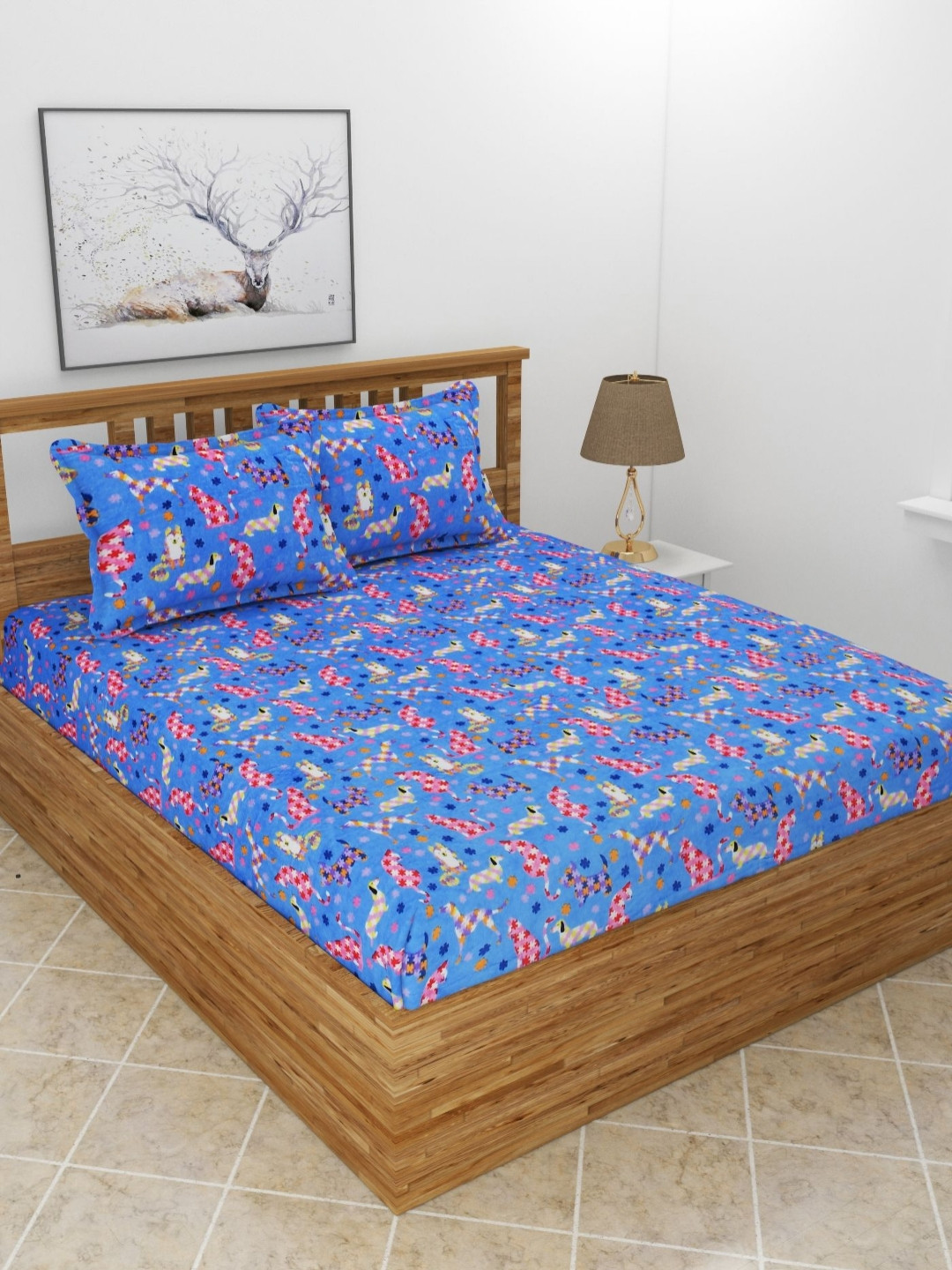 BREVARD Blue Animal Wool 210 TC Queen Fine Bedsheet with 2 Pillow Covers-90 x 100 inches