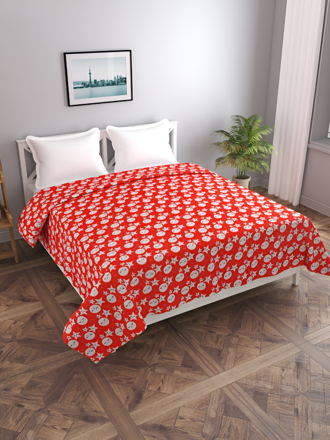BREVARD Red & White Printed Flannel 190 GSM Double Bed Duvet Cover With Zipper