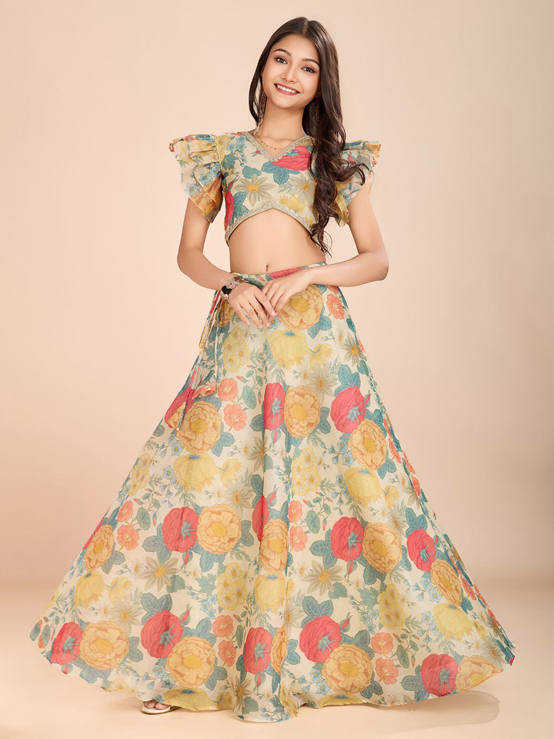Tasarika Girls Yellow Printed V-Neck Thread Work Silk Ready To Wear Lehenga & Choli