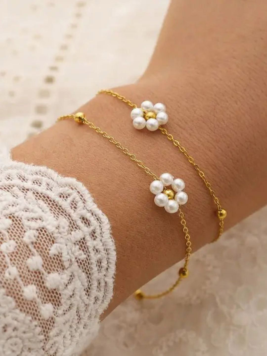 SHVETAH Women Stainless Steel Gold-Plated Wraparound Floral Pearls Bracelet