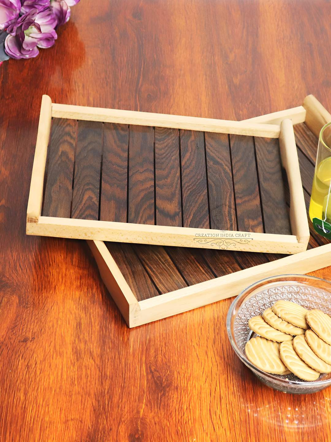 Creation India Craft Brown & Beige 2 Pieces Wooden Serving Trays With Round Handles