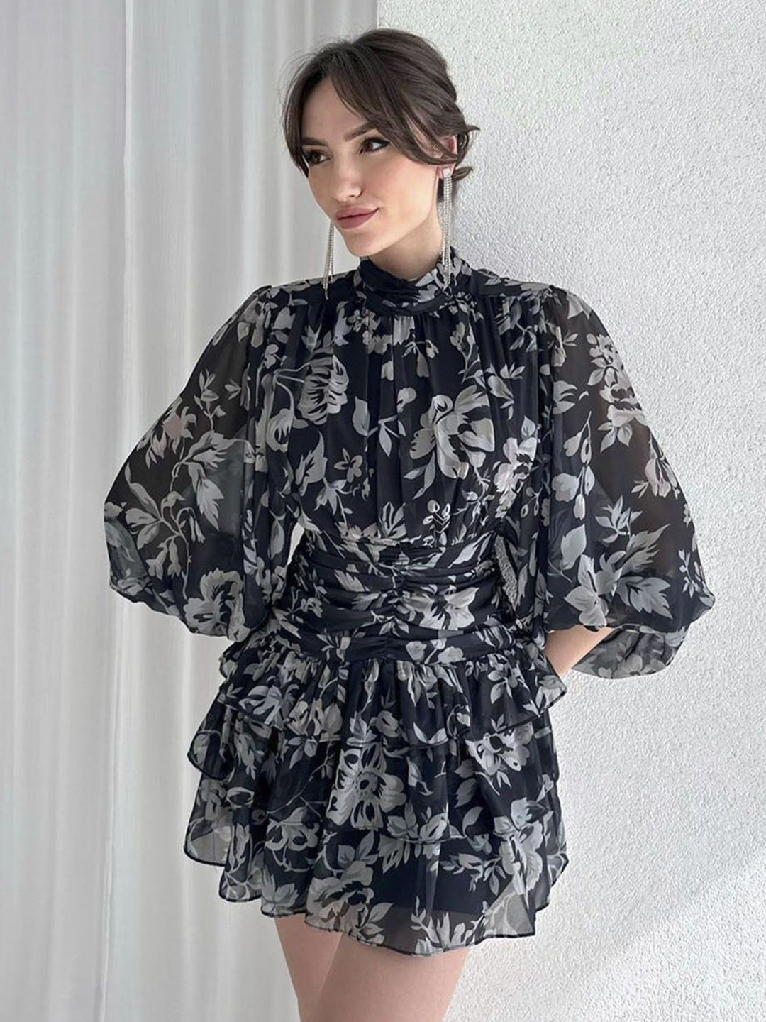 Street Style Store Floral Print Tie-Up Neck Georgette Fit & Flare Mini Dress