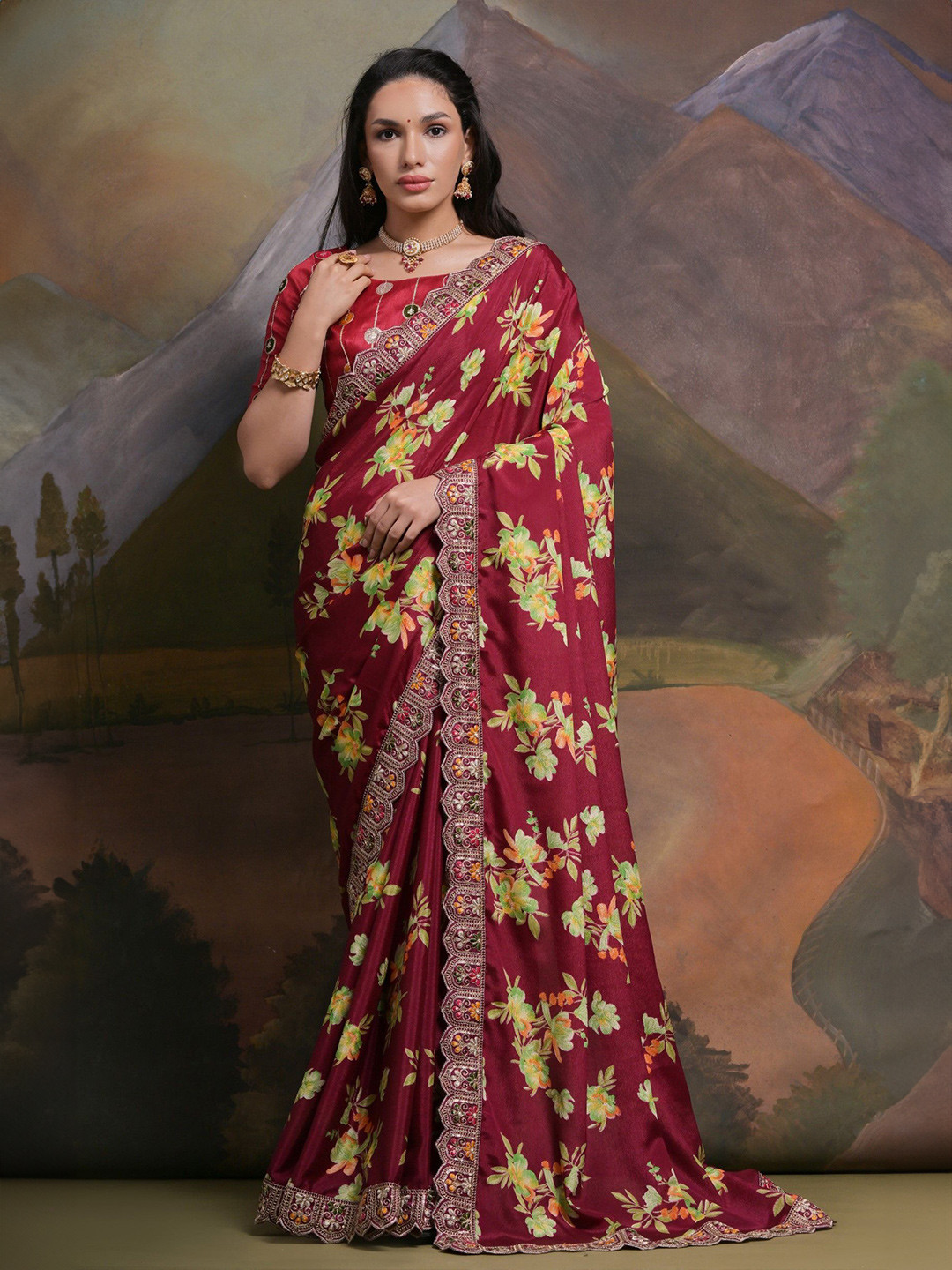 DIVASTRI Floral Printed Sequence Work  Saree