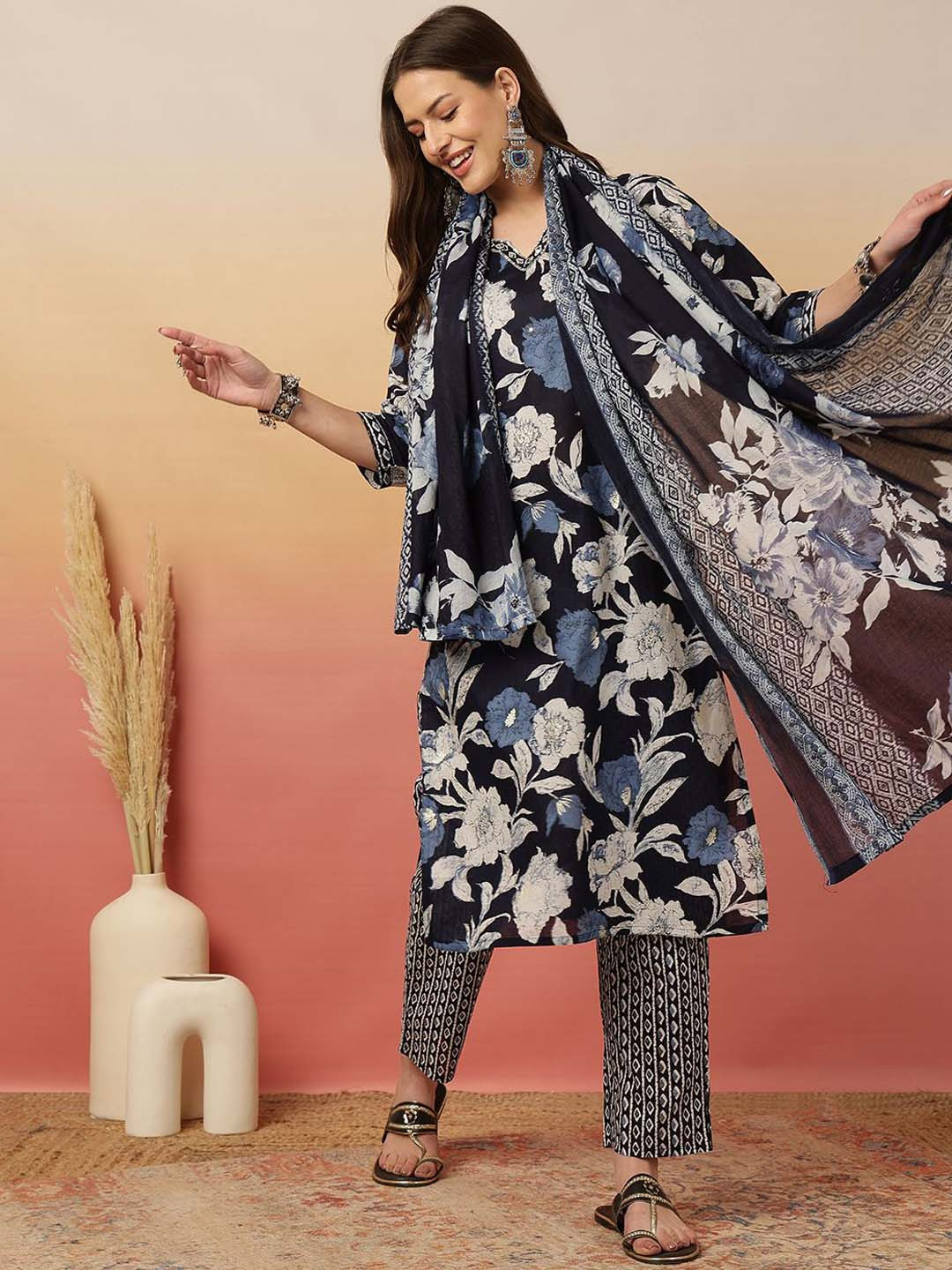 Sangria Floral Printed Adda Work Cotton Kurta With Trouser & Dupatta