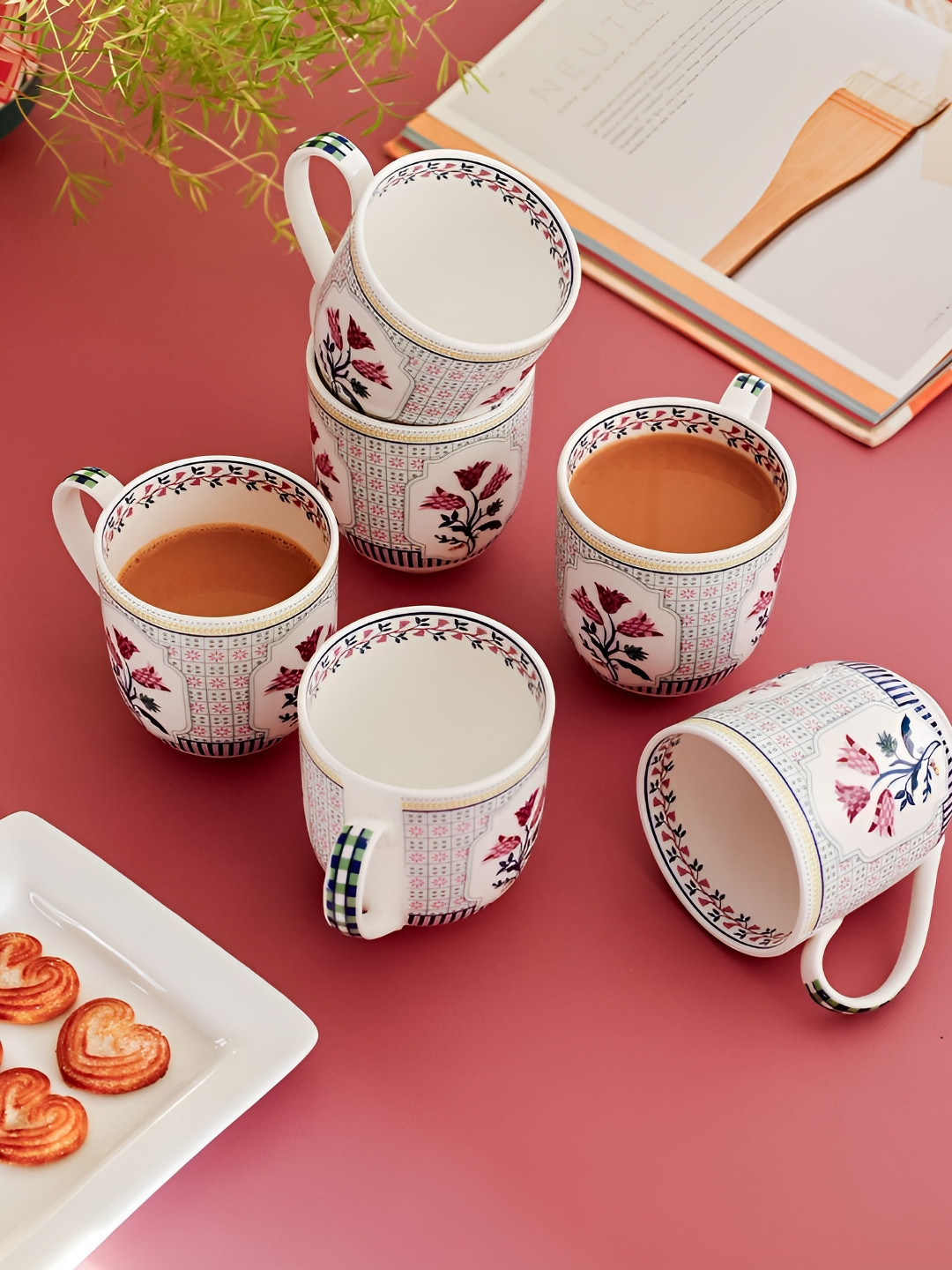 The Wishing Chair Sky And Sand White Floral Ceramic Handmade 6 Piece Mugs-200ml