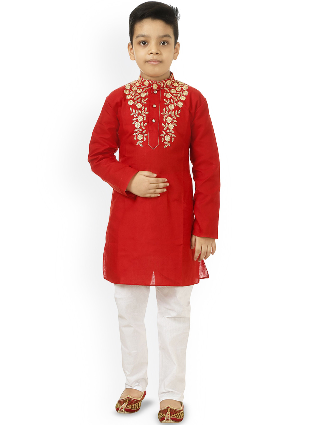 Cae Boys Floral Yoke Design Thread Work Mandarin Collar Straight Kurta with Pyjamas