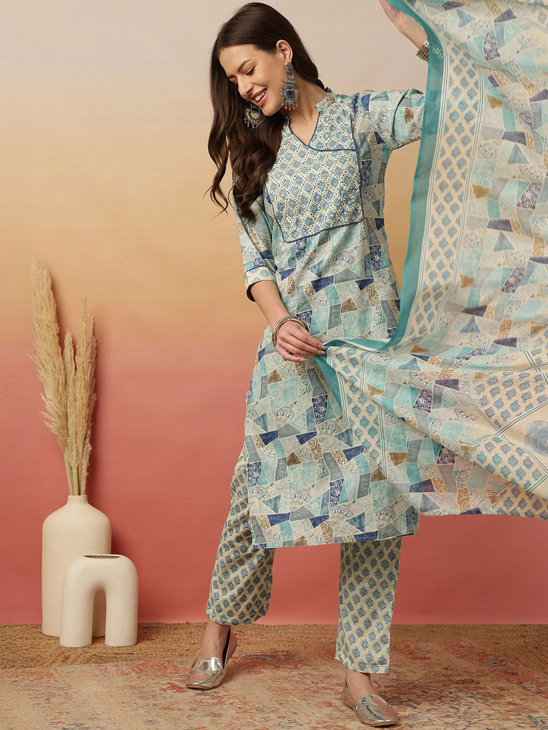 Sangria Digital Printed V-neck Kurta with Trouser & Dupatta