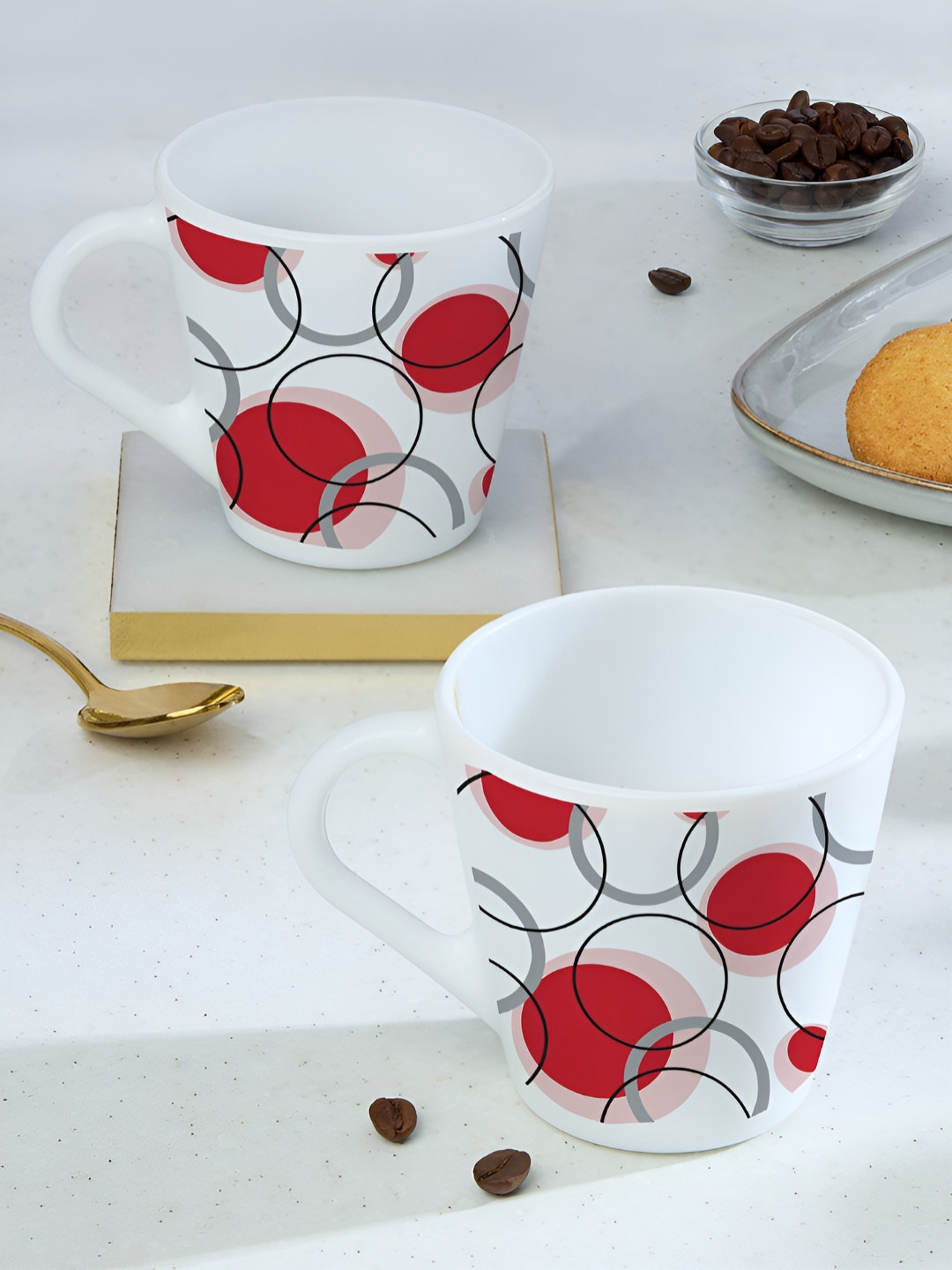 Larah by BOROSIL Novelty White 2 Pcs Printed Opalware Matte Mugs 280 Ml