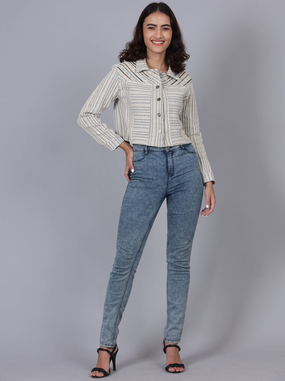 POPPIES LANE Slate Grey Light Grey Striped Mirror Work Jacket