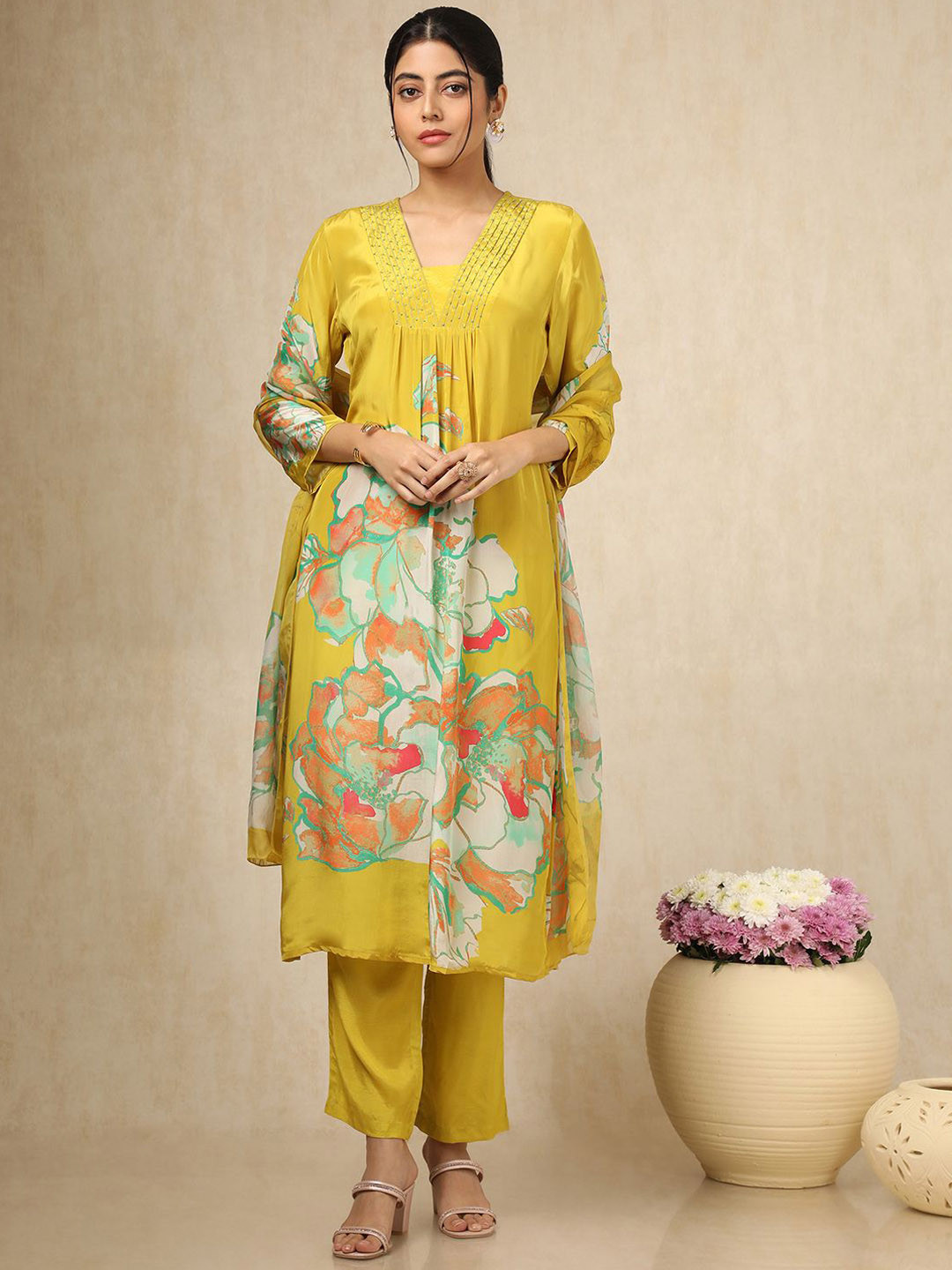 Soch Floral Printed Square Neck Pleated Beads Work Straight Kurta With Trouser & Dupatta