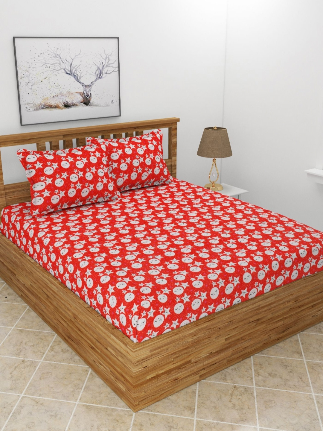 BREVARD Redmoonstar Red Conversational Wool 210 TC Queen Fine Bedsheet with 2 Pillow Covers-228 x 254 cm