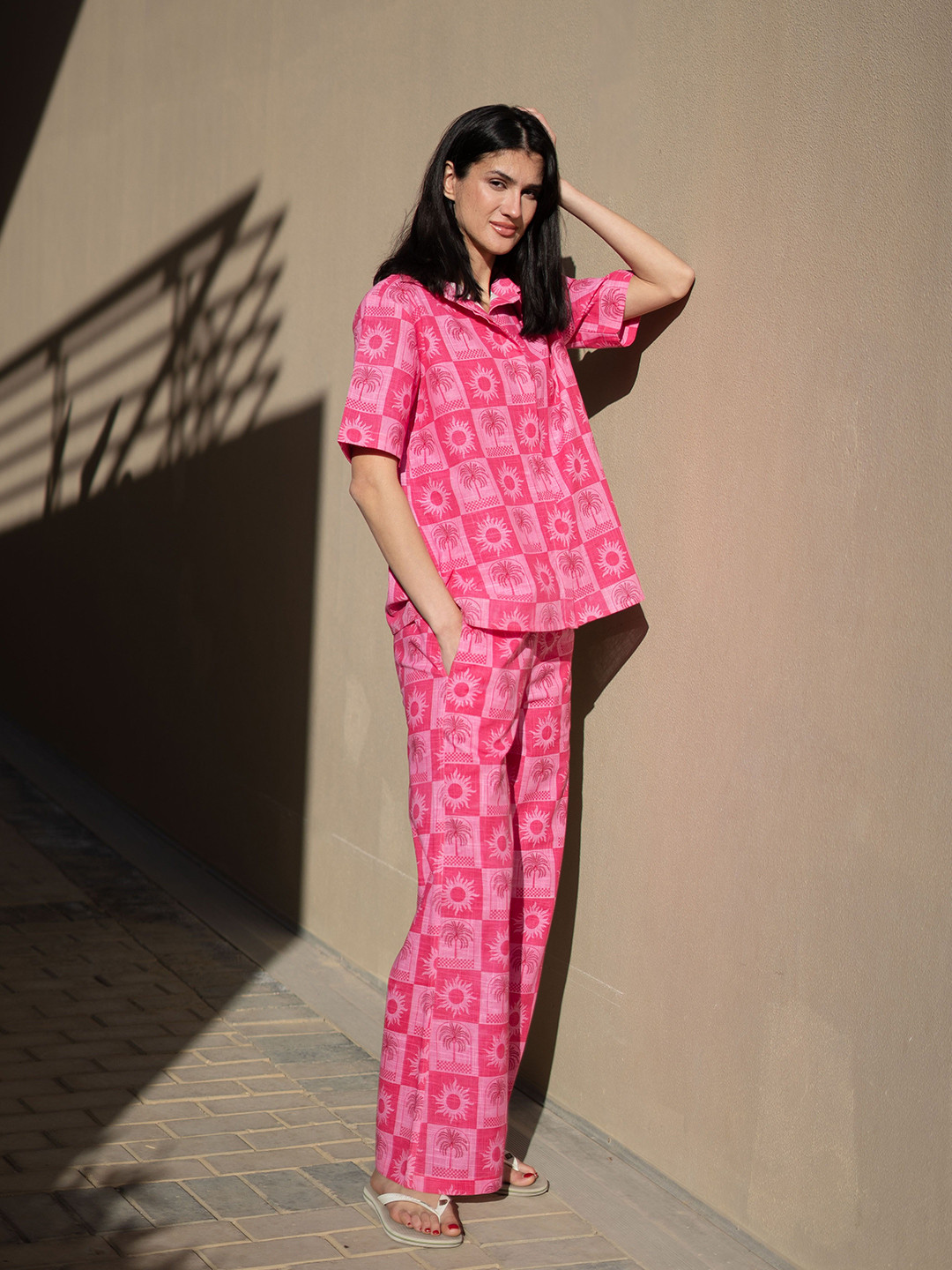 SANSKRUTIHOMES Pink Printed Pure Cotton Shirt & Trousers Co-Ords