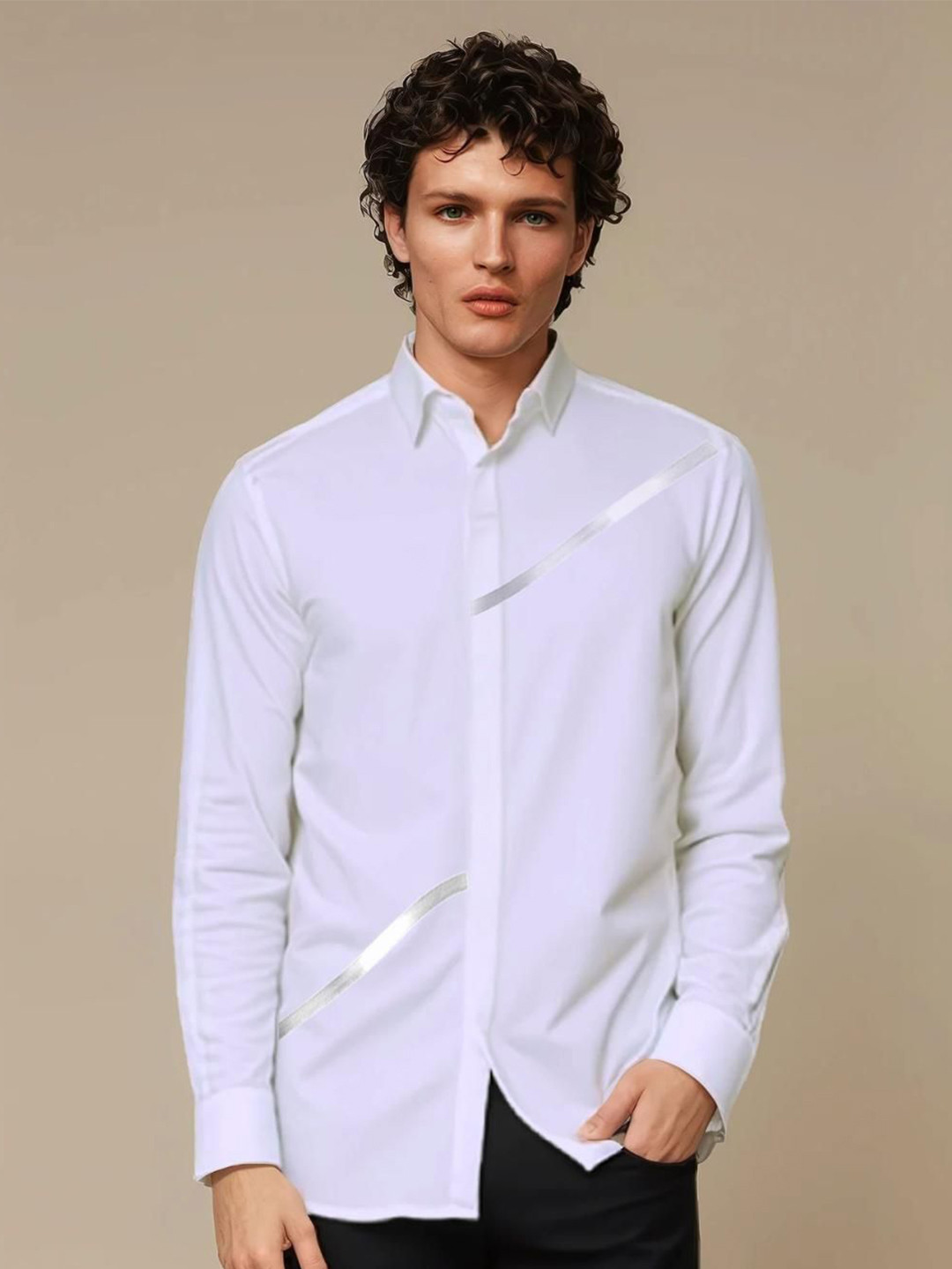 HE SPOKE Foil Printed Satin Stretch Party Shirt