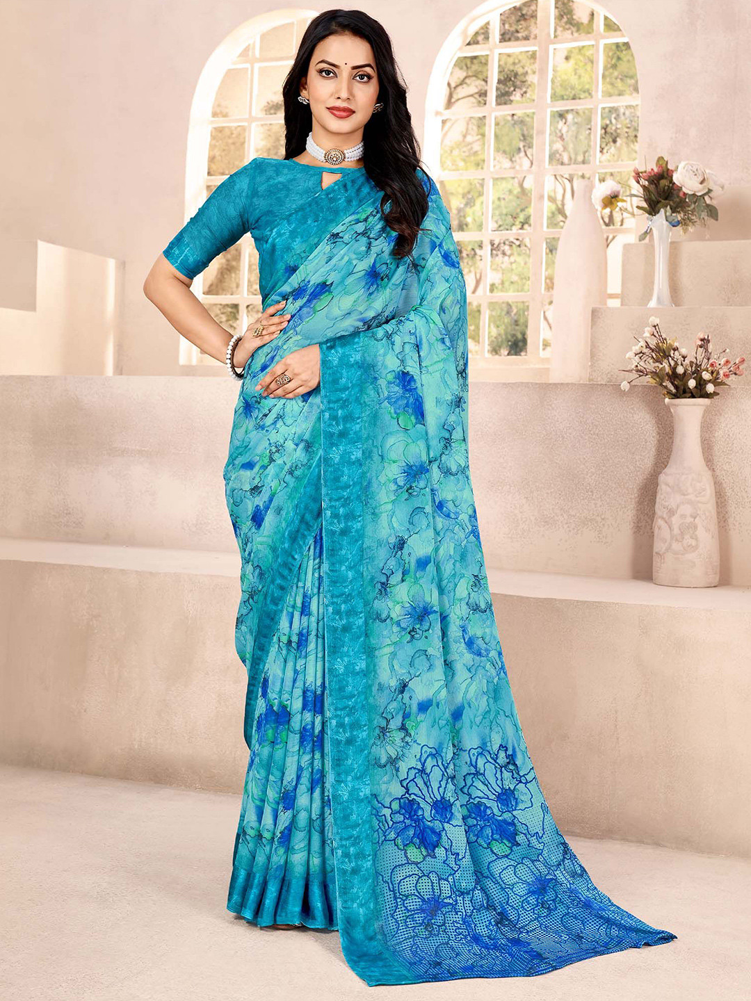 Mitera Light Blue Floral Printed Bagru Saree