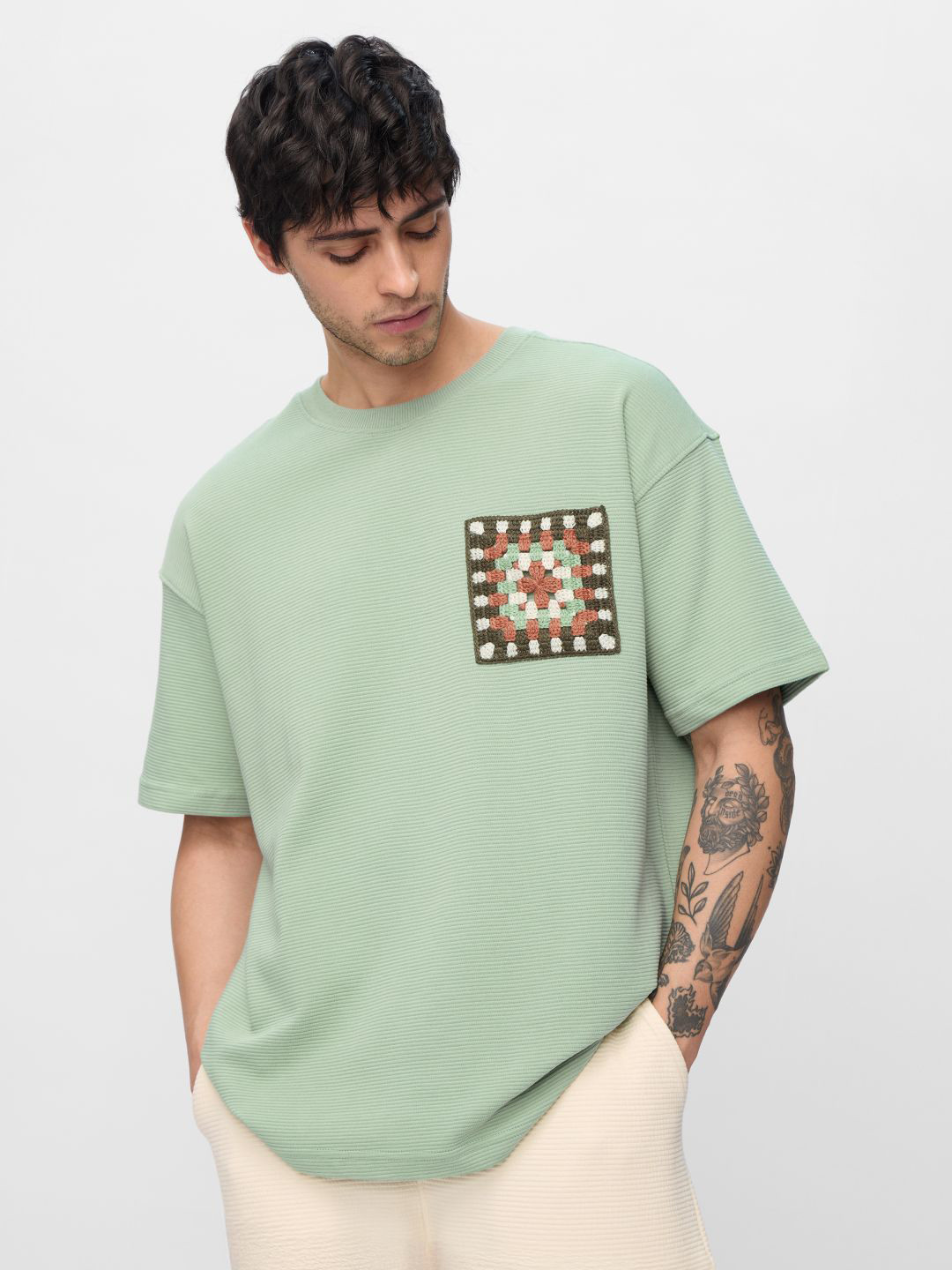 The Souled Store Men Ottoman T-shirt: Indie Weave Green Oversized Fit T-Shirt