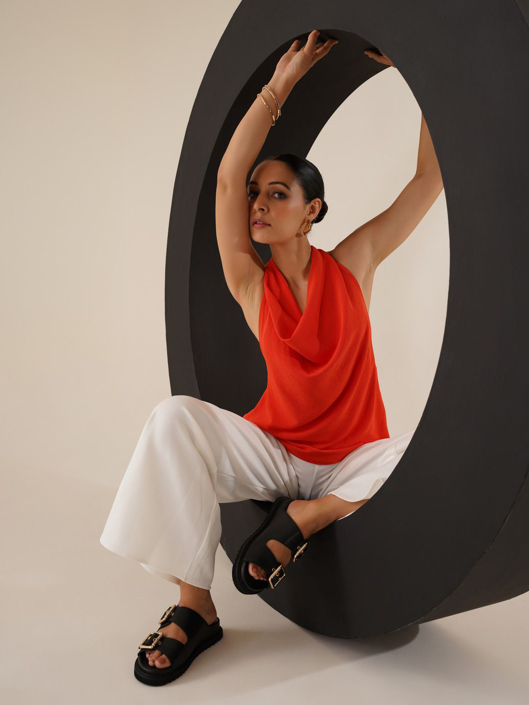 Peach Flores Women Swan Leather Slides Open Toe Flats