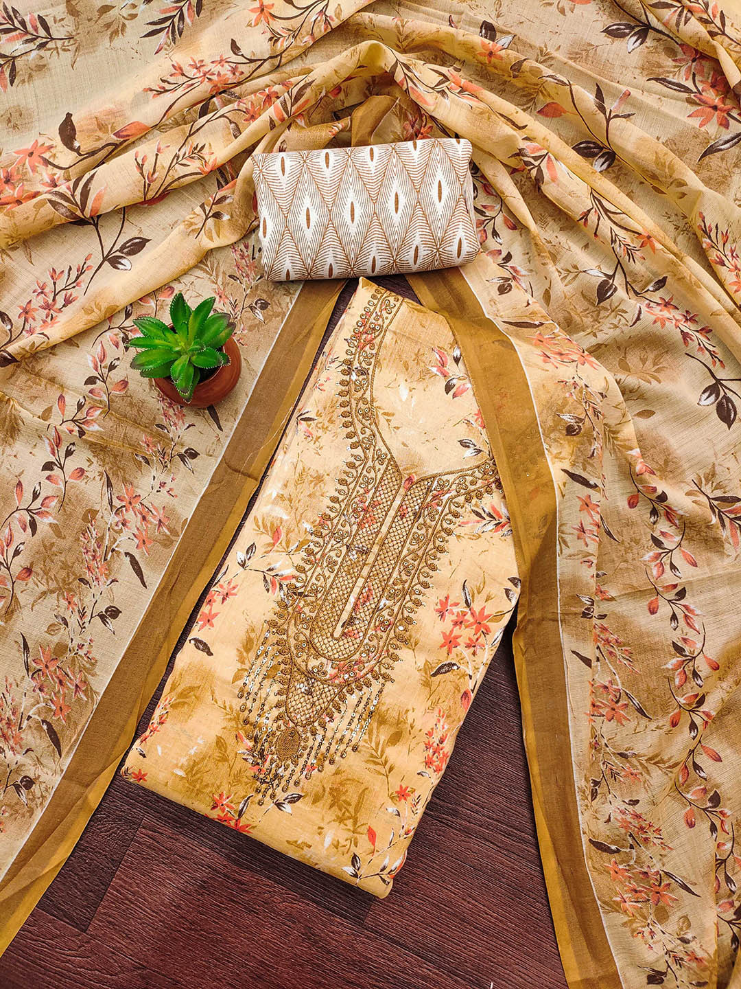 SAINOOR Floral Printed Sequinned Pure Cotton Unstitched Dress Material