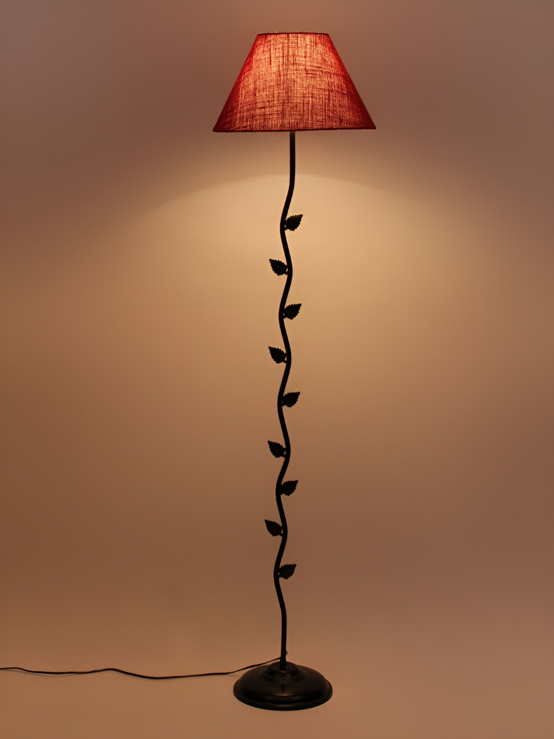 Devansh Black & Maroon Leaf Textured Frustum Shaped Jute Floor Lamp With Shade