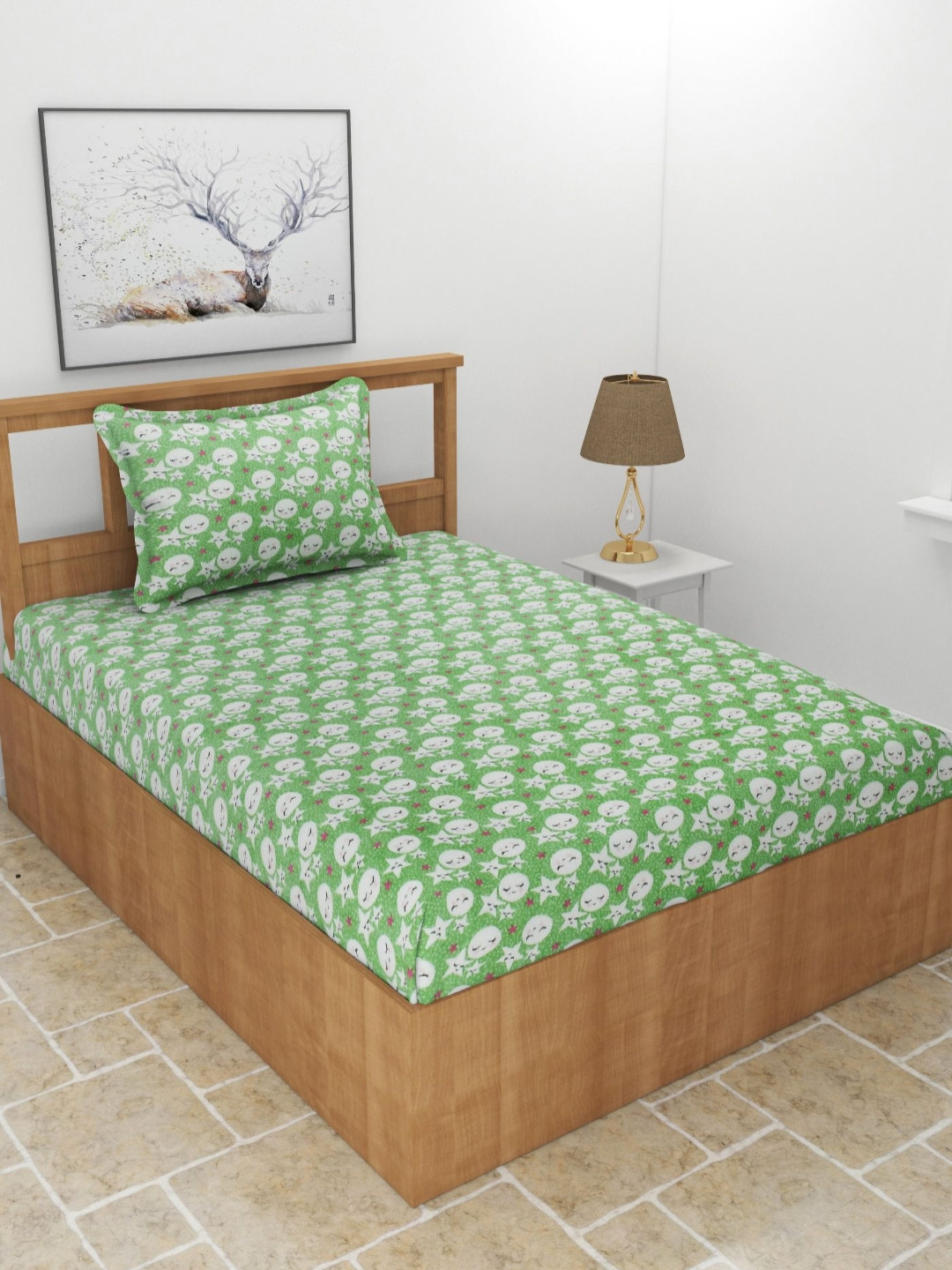 BREVARD Greenmoonstar Green Conversational Wool 210 TC Fitted Single Fine Bedsheet with a Pillow Cover-152 x 228 cm