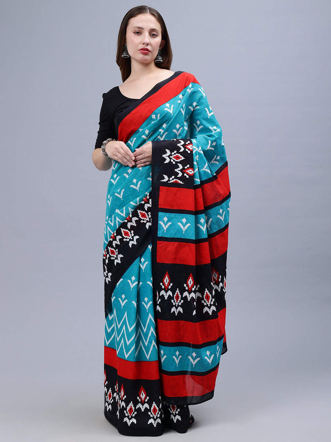 THE VASILIKI Blue Printed Malmal Cotton Saree