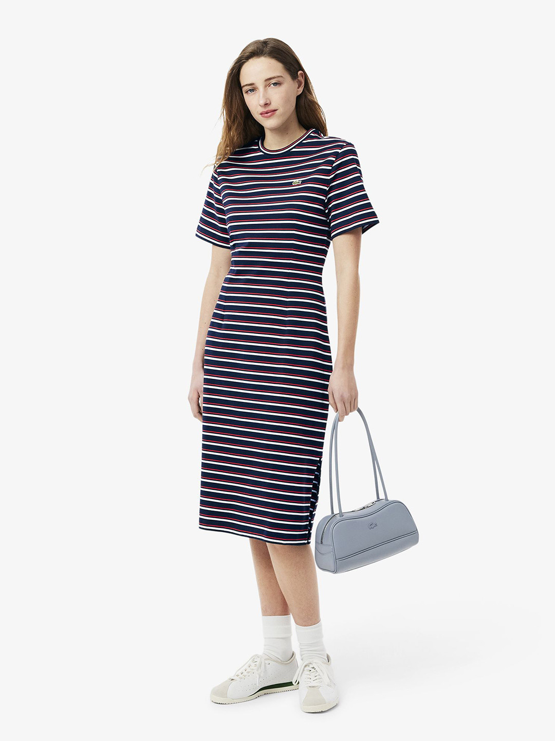 Lacoste Striped Round Neck Sheath Midi Dress