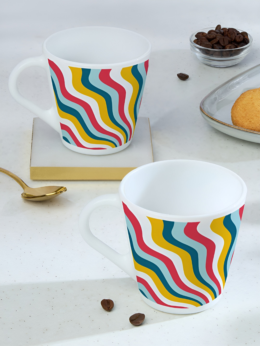 Larah by BOROSIL Novelty Series Kroma White 2 Pcs Printed Opalware Matte Mugs 280 Ml