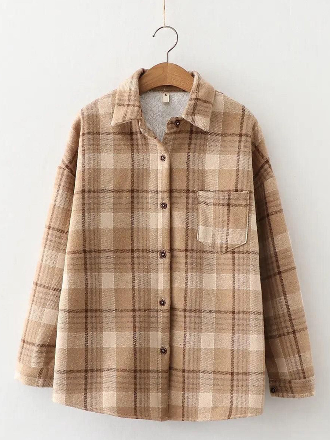 Miss Mosa By Akanksha  Brown Spread Collar Serenity Fleece-Lined Plaid Shacket