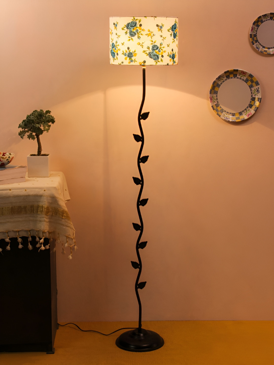 Devansh Black & White Floral Printed Drum Designer Cotton Leaf Floor Lamp With Shade