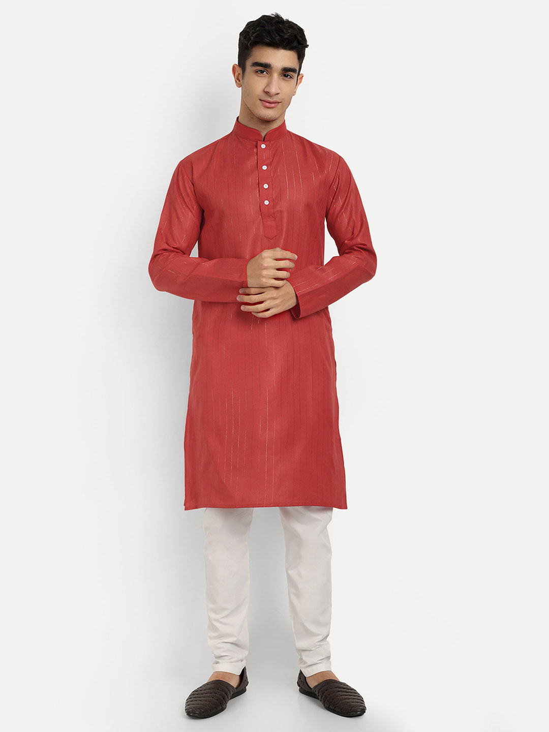 WELL TEX Striped Embroidered Mandarin Collar Straight Kurta
