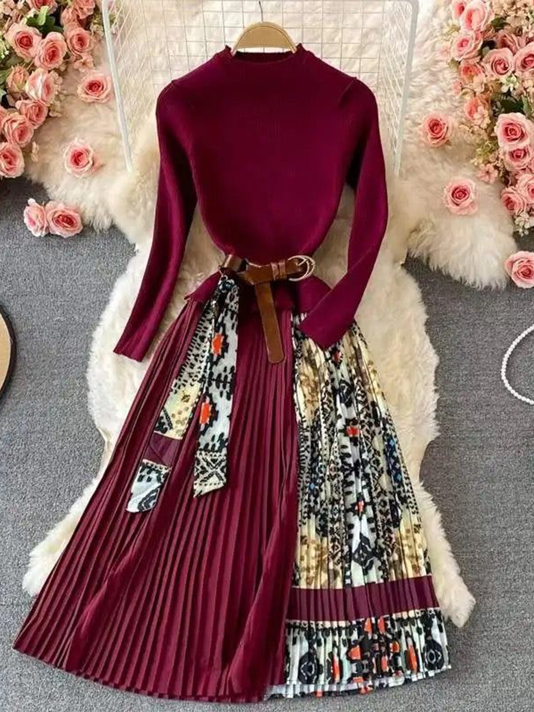 Miss Mosa By Akanksha  Women Bianca Pleated Woolen Dress with Belt