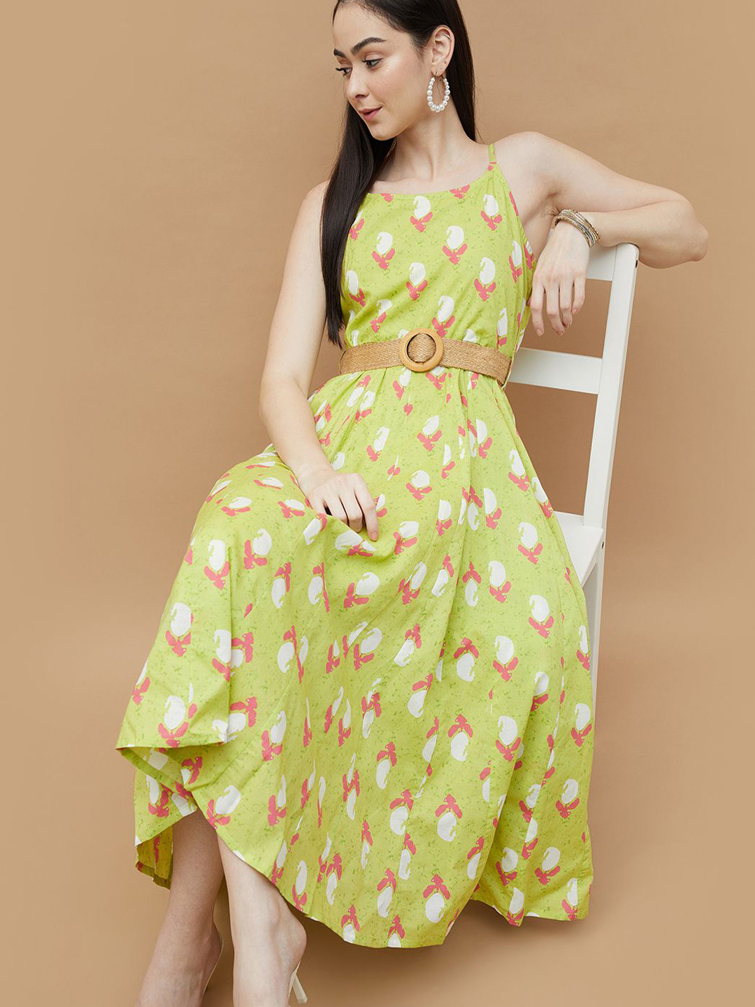 Colour Me by Melange Floral Print Smocked Detail Fit & Flare Midi Dress With Belt