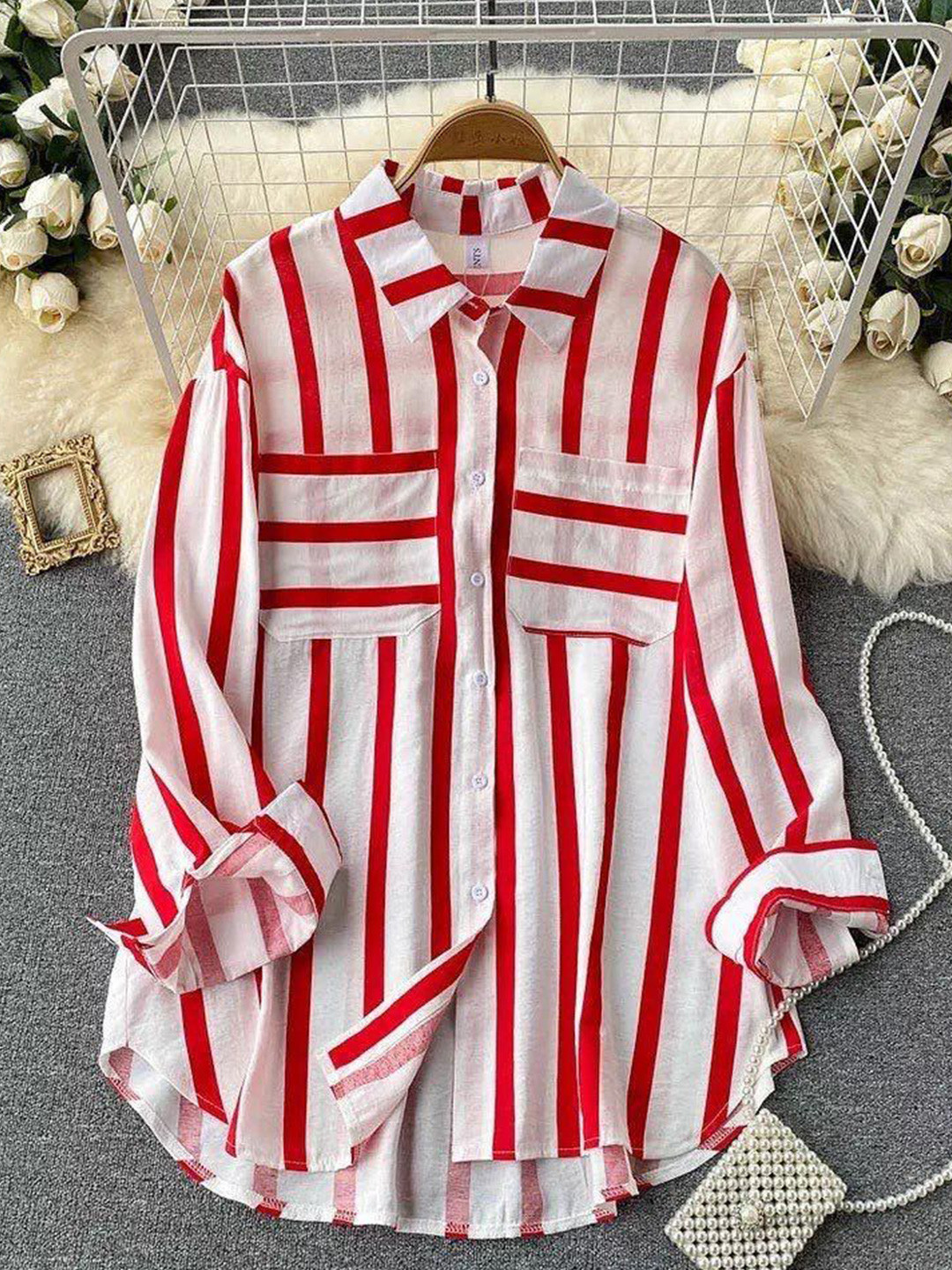 Miss Mosa By Akanksha  Red Ibiza Striped Holiday Shirt