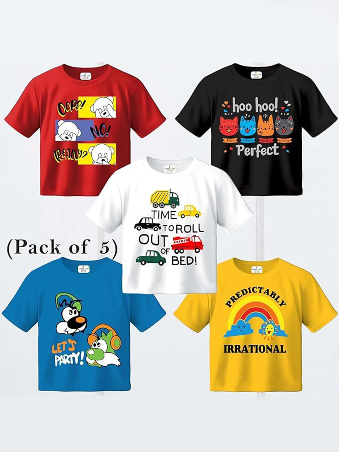 Kwitchy Kids Pack Of 5 Graphic Printed Round Neck Cotton T-shirts