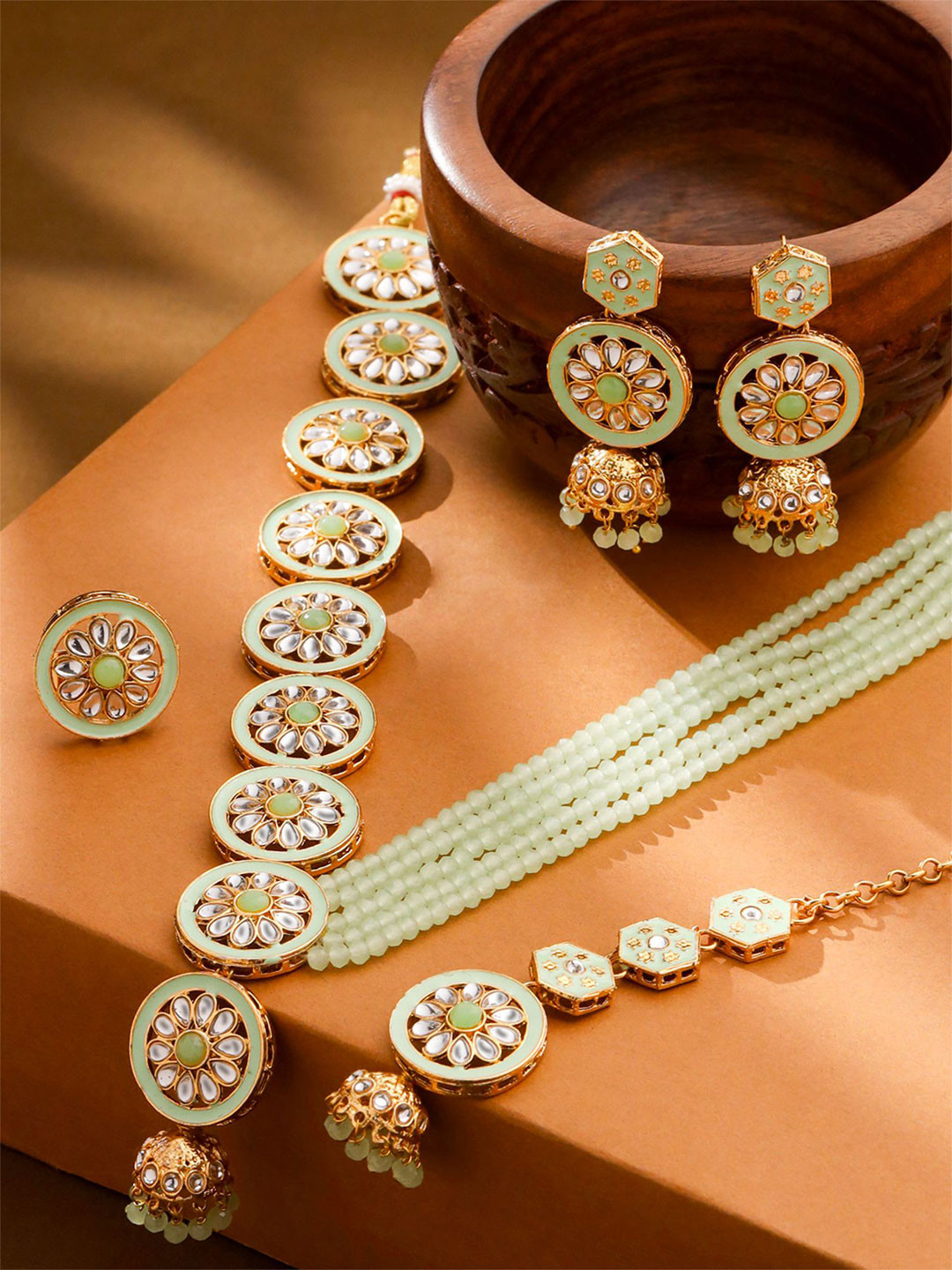 Yellow Chimes Gold-Plated Kundan-Studded & Beaded Long Layered Jewellery Set