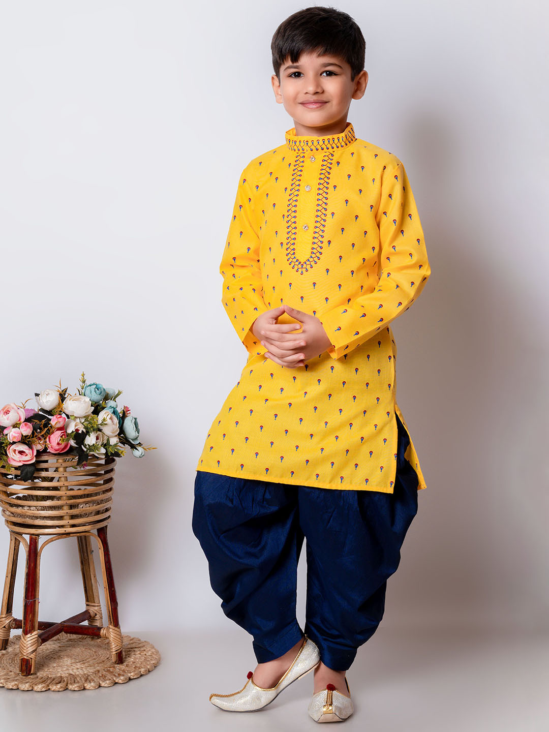 Cae Boys Floral Printed Mandarin Collar Kurta With Patiala