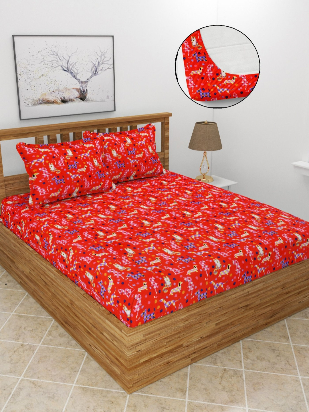 BREVARD Red Animal Wool 210 TC Fitted Queen Fine Bedsheet with 2 Pillow Covers-72 x 78 inches
