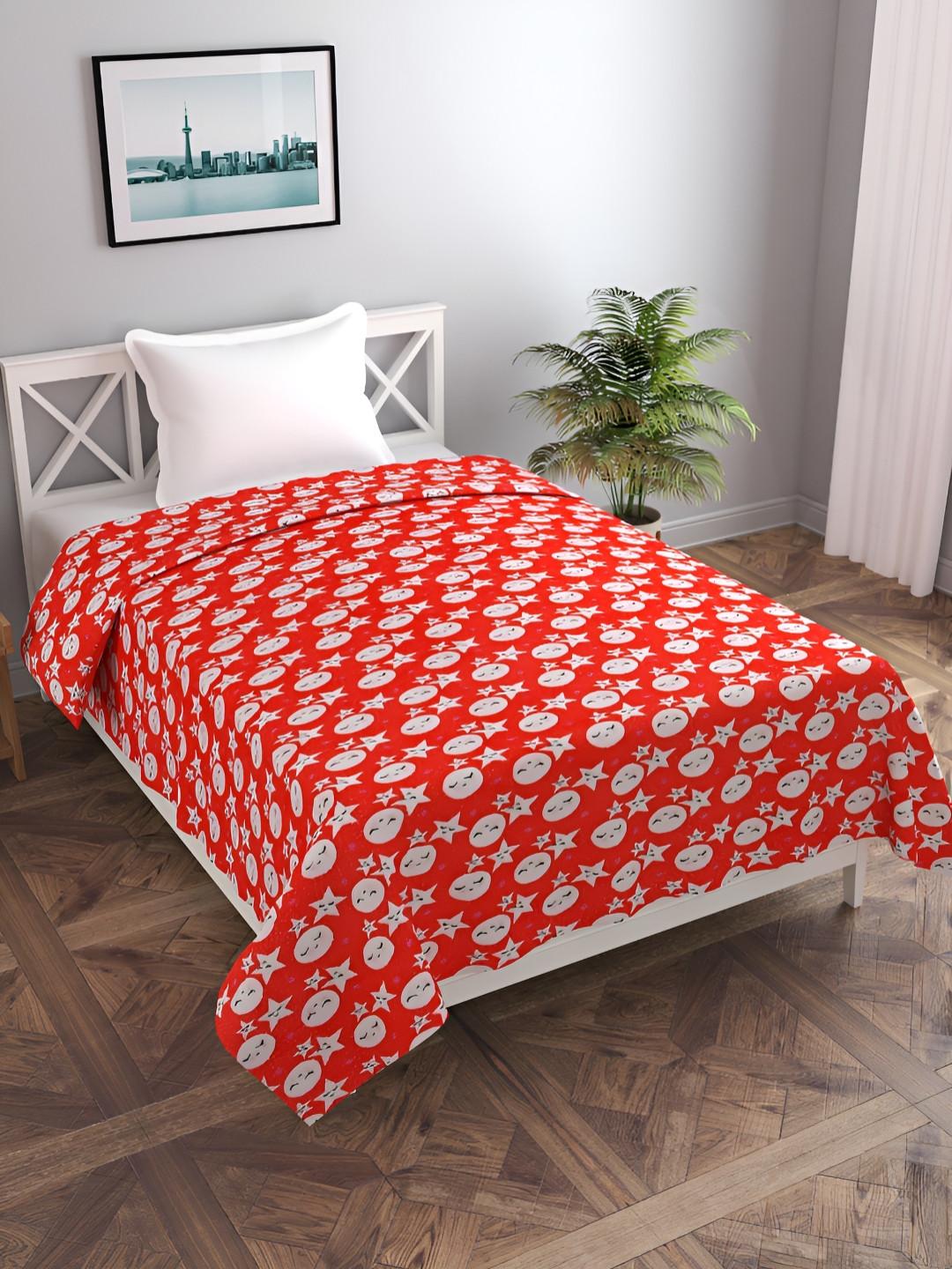 BREVARD Red & White Flannel Printed 190 GSM Single Bed Duvet Cover With Zipper