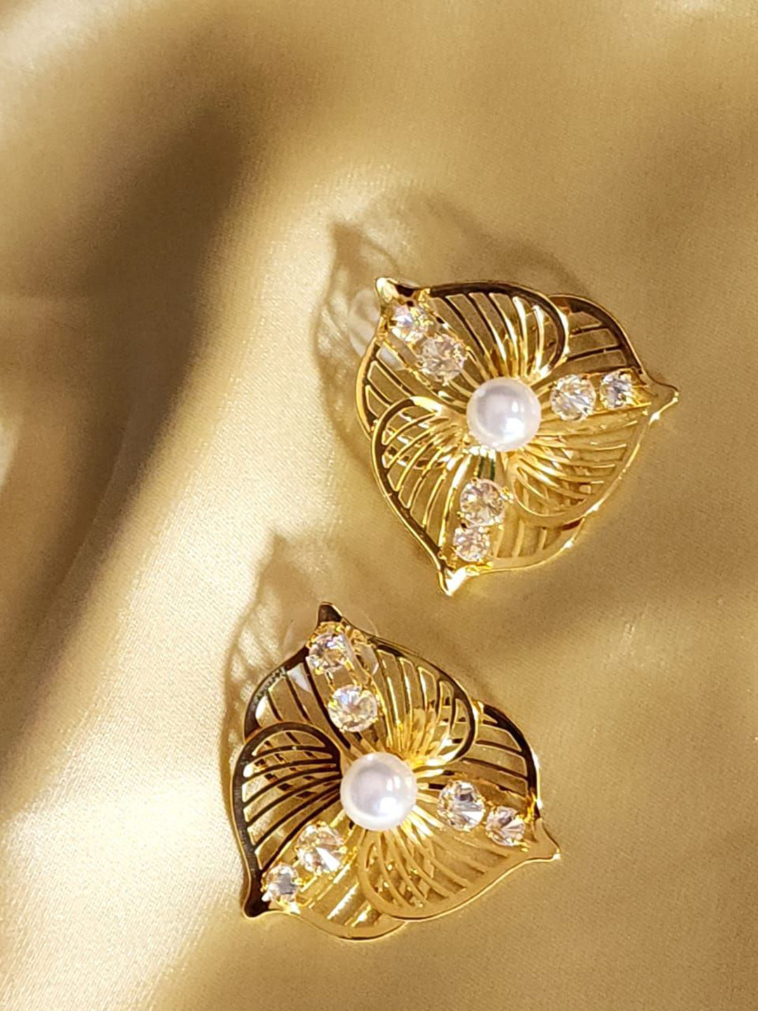 DKane Designs Stainless Steel Gold-Plated American Diamond Studded Floral Shaped Studs