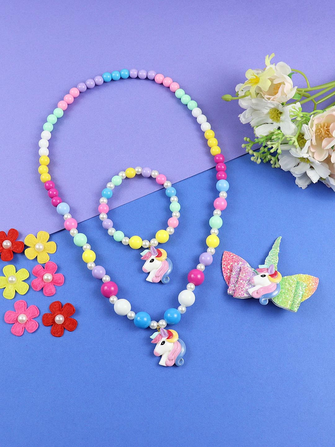 Asthetika Kids Girls Artificial Beaded Unicorn Necklace Bracelet Hair Clip Jewellery Set
