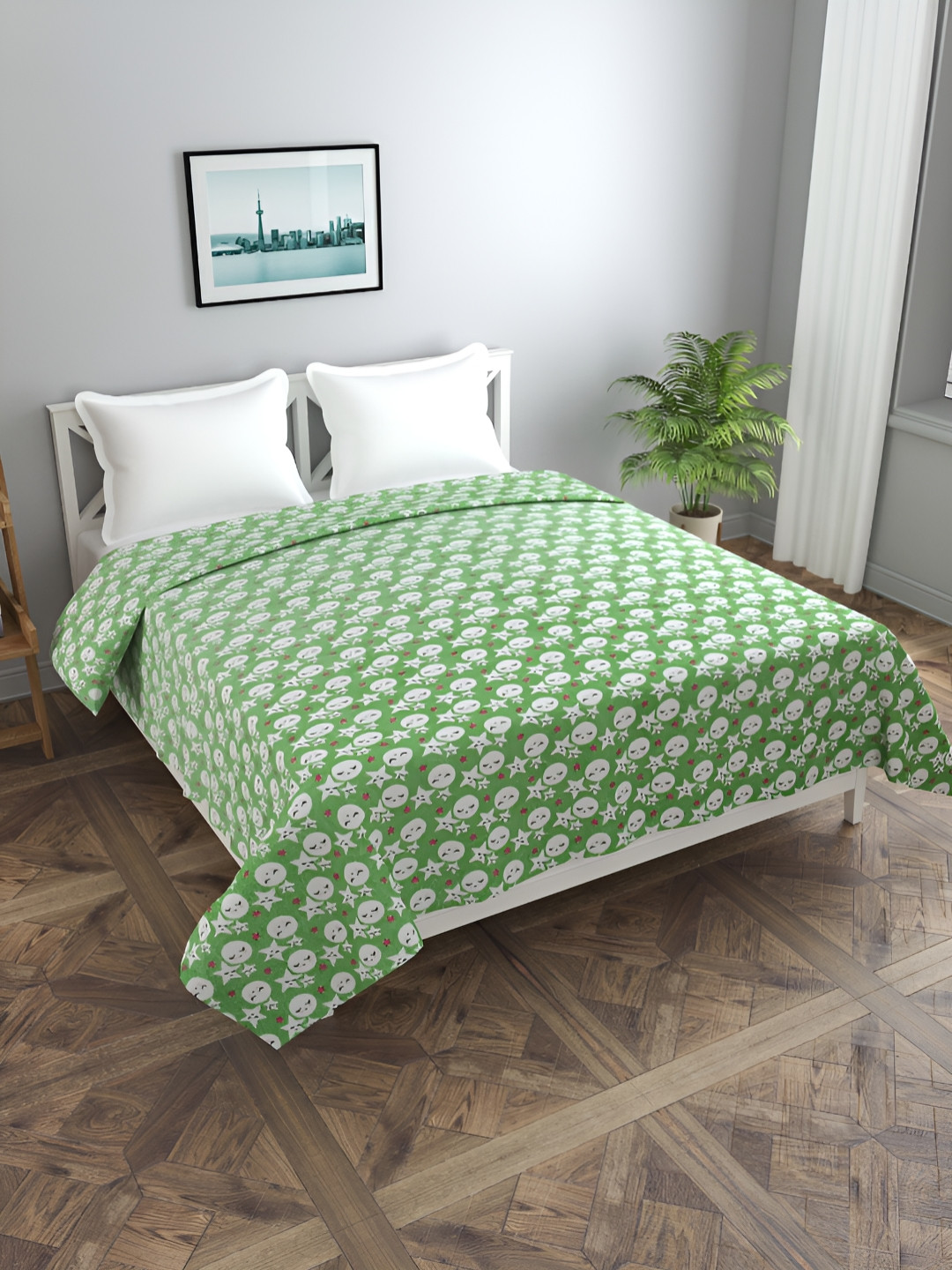 BREVARD Green & White Printed Flannel 190 GSM Double Bed Duvet Cover With Zipper