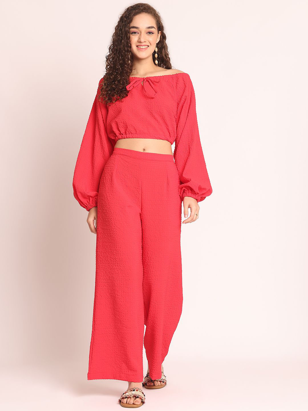 Aoba Red Textured Boat Neck Top & Palazzos Co-ord Set