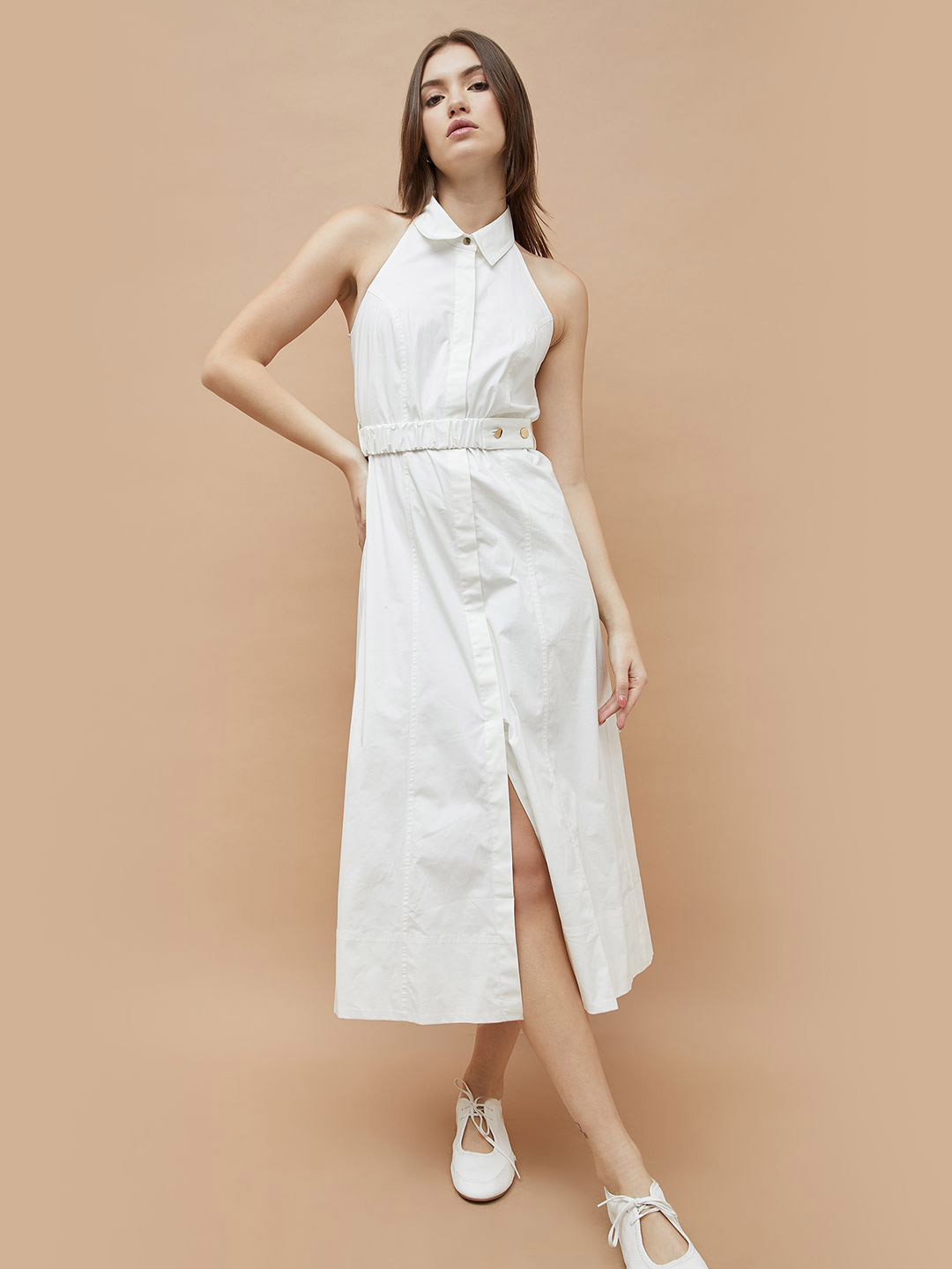 Ginger by Lifestyle Shirt Collar Slit & Back Smocked Shirt Midi Dress