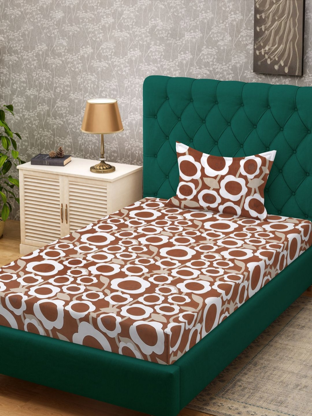 KLOTTHE Date Night Rust Floral Cotton 300 TC Single Fine Bedsheet with a Pillow Cover-89 x 59 inches
