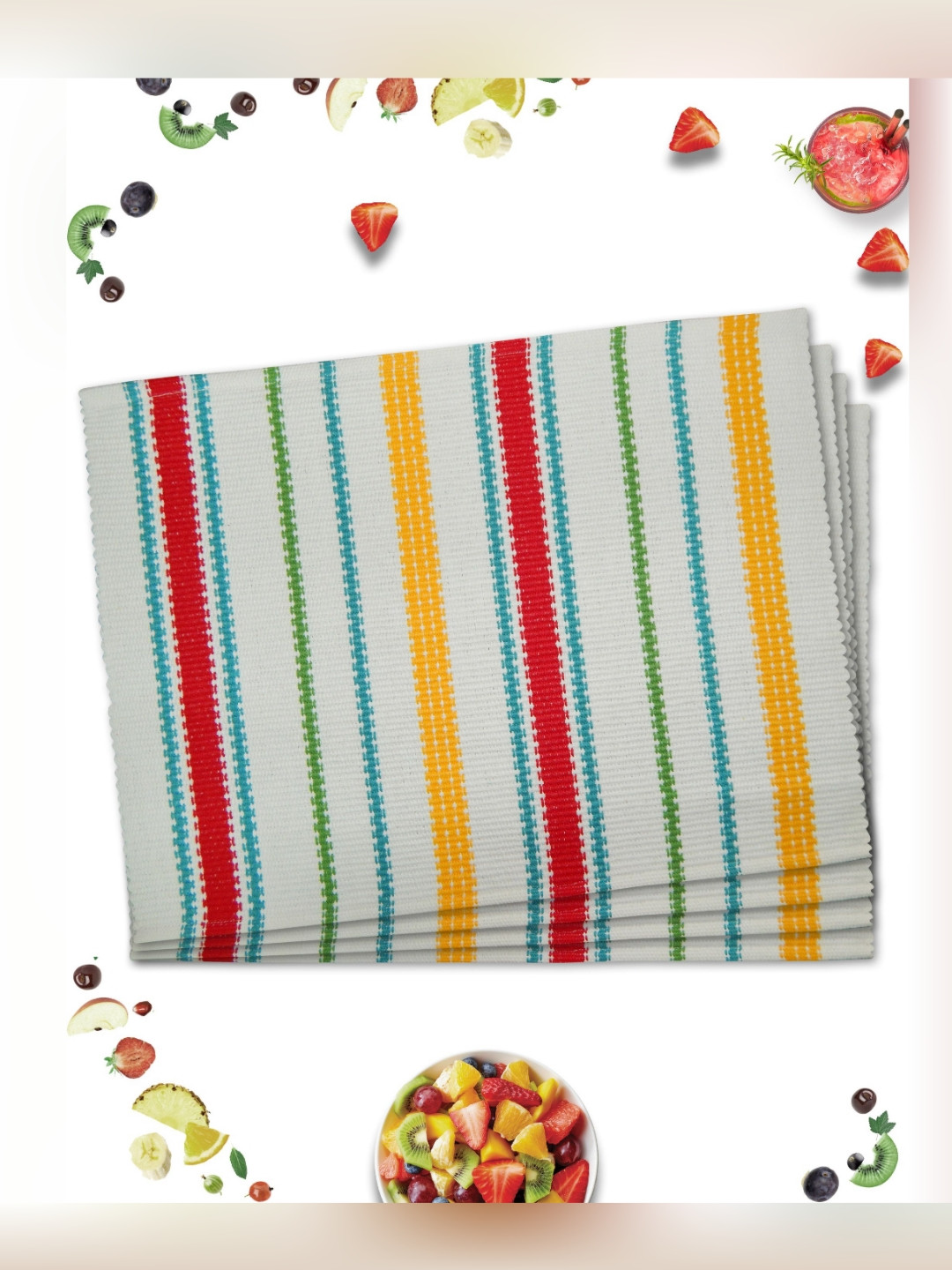 HOME COLORS.IN White & Red 4 Pieces Ribbed Cotton Table Placemats